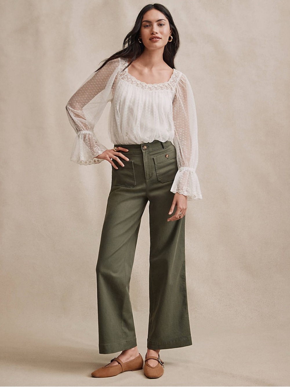 LOFT Tall Palmer Wide Leg Crop Pants in Twill Olive Green 6P